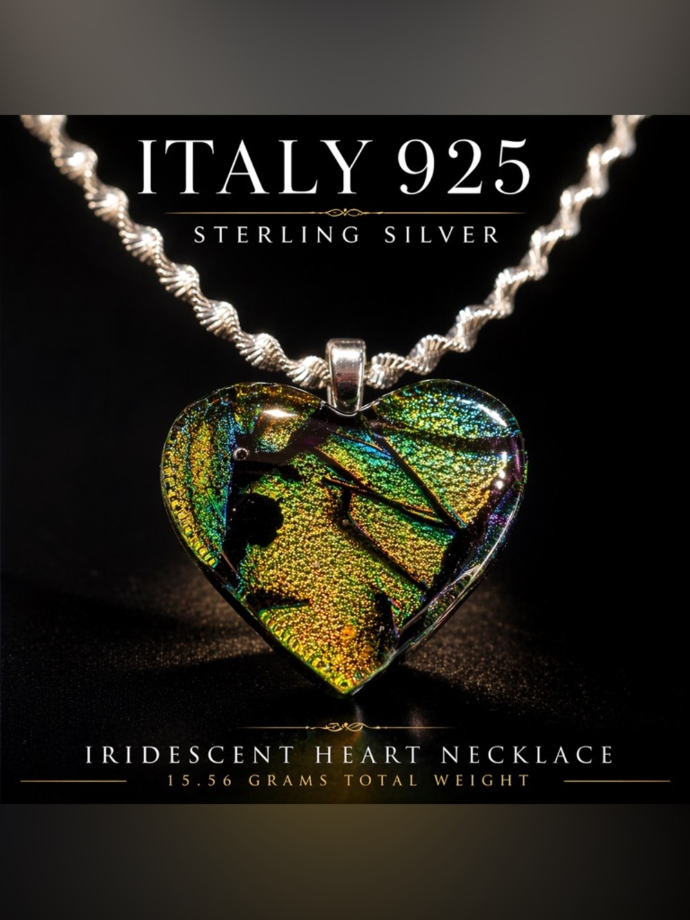 Italy 925 Sterling Silver Necklace w/ Iridescent Glass Heart Pendant | 15.56g